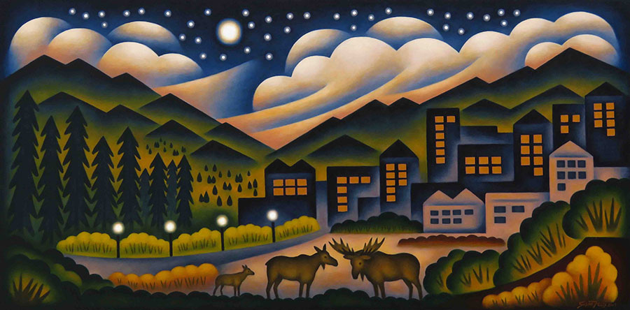 Moose On The Town original oil on panel landscape painting by Colorado artist Sushe Felix