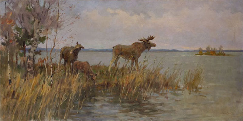 Russian Elk Moose painting is an original oil on canvas painting by russian artist Leonid Petrovich Baikov