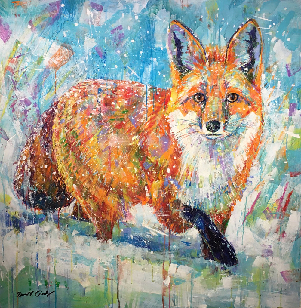Morning Encounter original acrylic on panel fox painting by Colorado based artist David V Gonzales