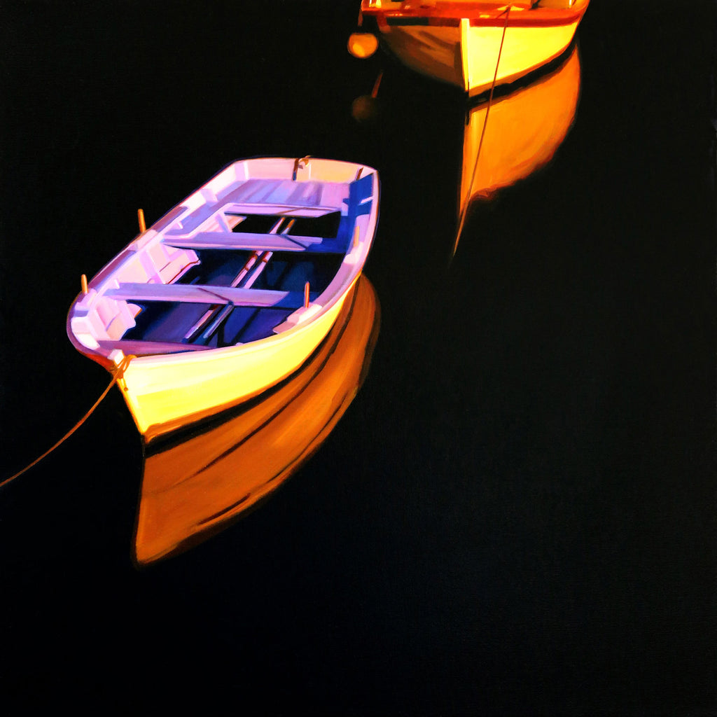 Night Harbor original oil on canvas boat painting by Colorado artist Roger Hayden Johnson