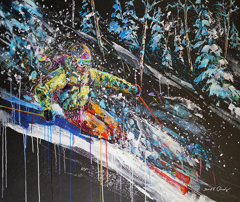 Night Powder original acrylic on museum panel ski painting by Colorado artist David Gonzales