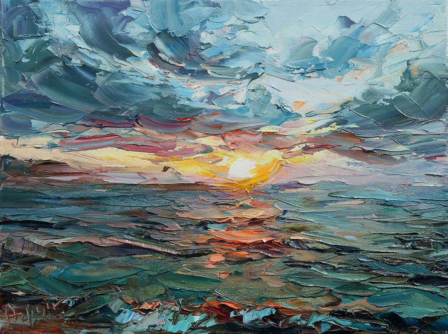 Ocean Sunset original oil on canvas painting by Denver Colorado artist Lyudmila Agrich