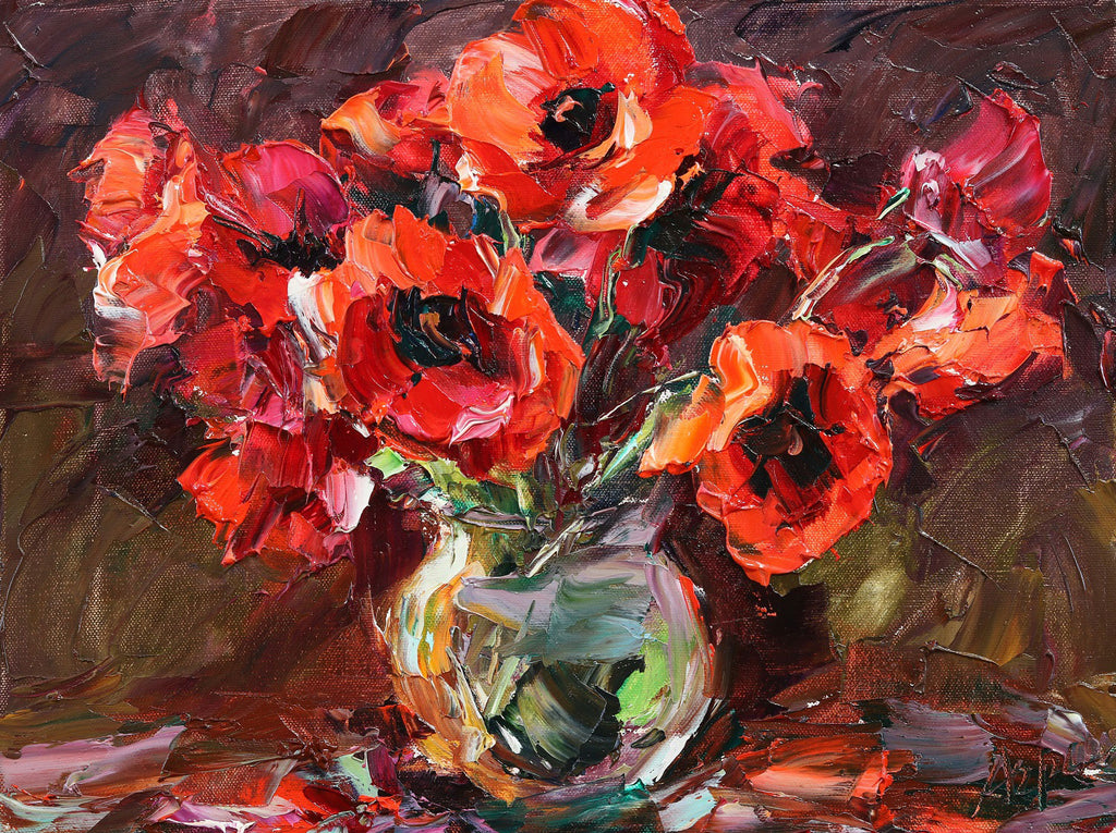 Poppies in Glass Vase original oil on canvas painting by Colorado artist Lyudmila Agrich