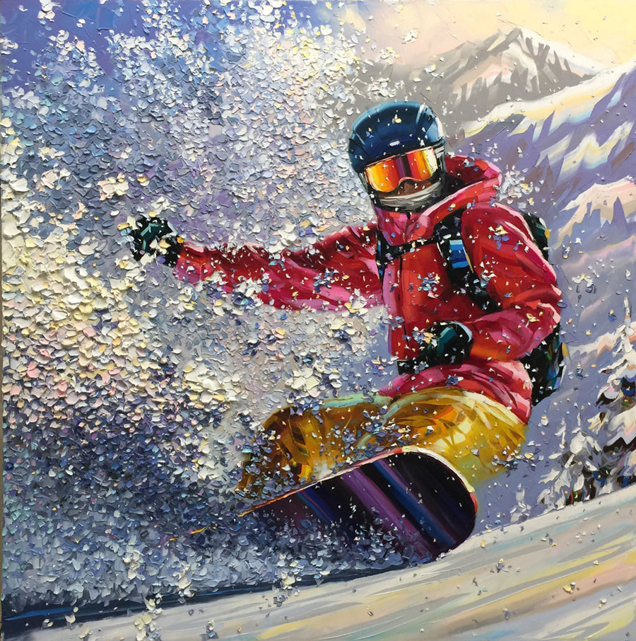Powder Shred original snowboarder painting by artist Michael Rozenvain for sale
