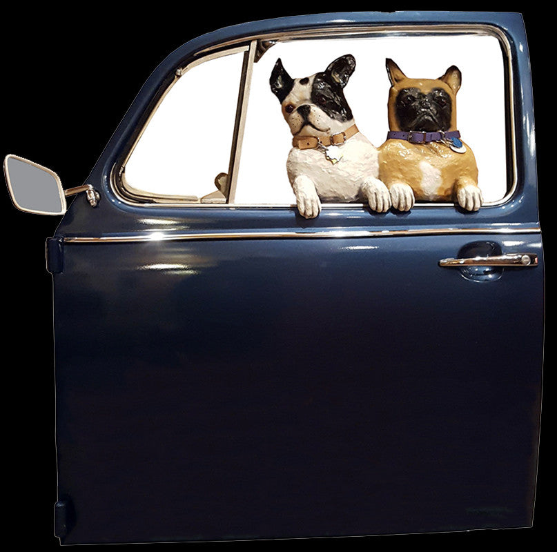 Pug and Frenchie in a Blue VW Door
