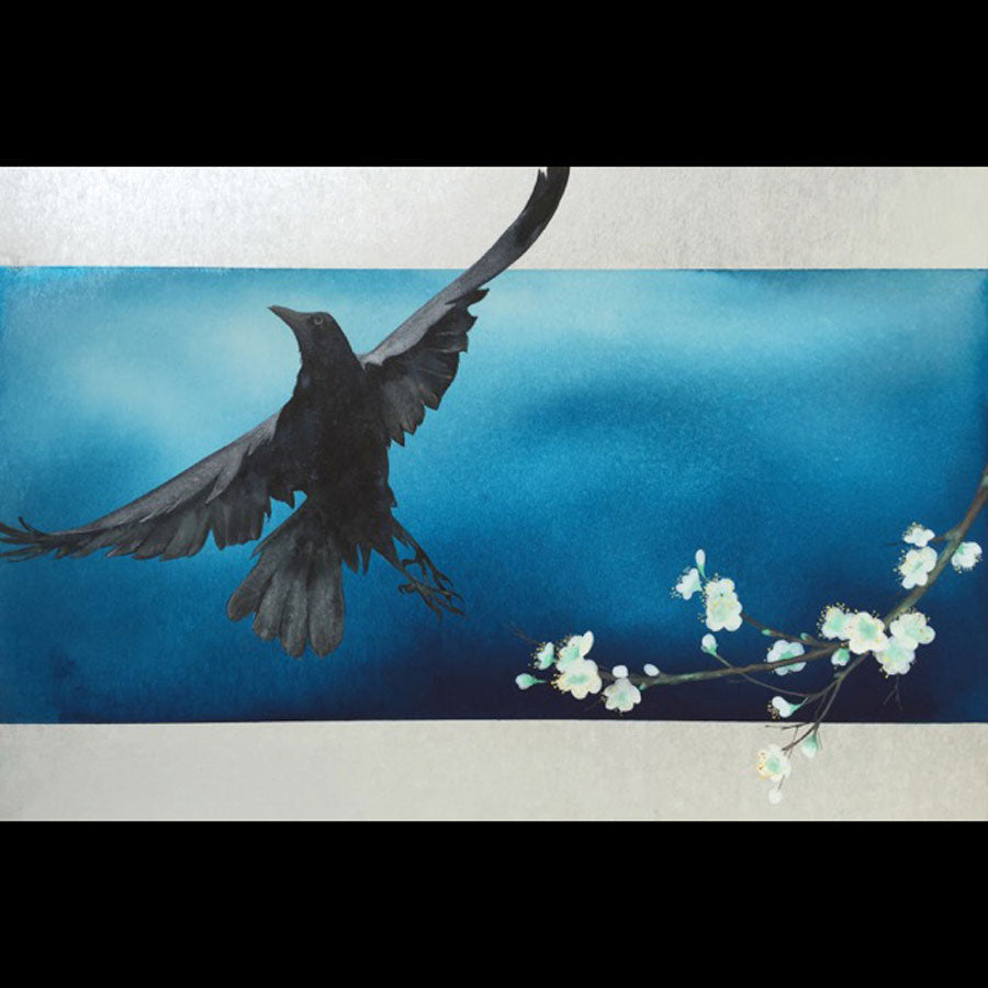 Raven's Spring original watercolor on shikishi board painting by Jackson Hole based artist Kay Stratman