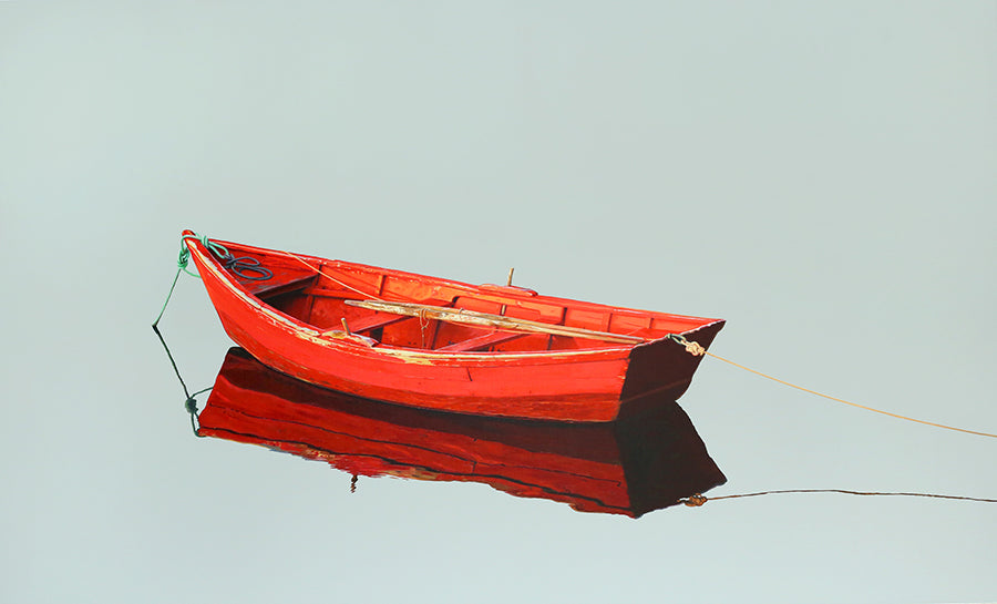 Red Rower boat painting by colorado artist roger hayden johnson