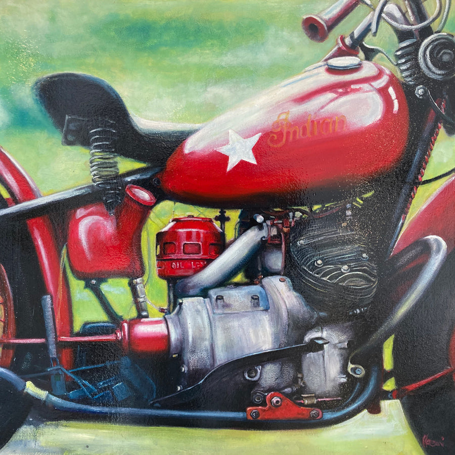 Red Indian Motorcycle painting by Noemi Kosmowski for sale at Raitman Art Galleries located in Breckenridge and Vail Colorado