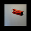 calm water painting of a red boat by Colorado Springs, CO artist Roger Hayden Johnson - front