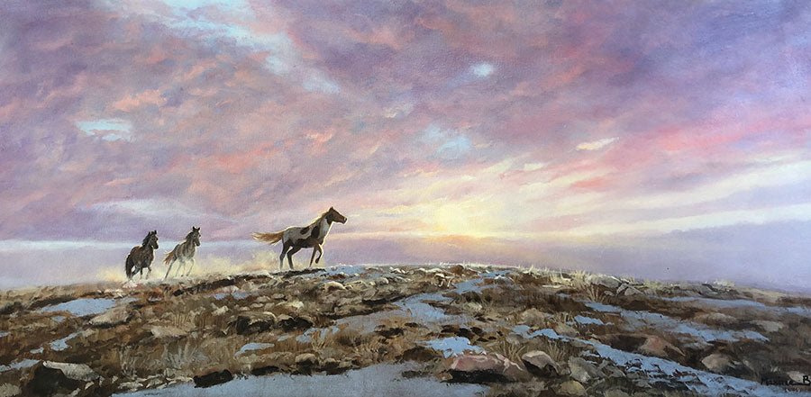 Running Free original oil on canvas landscape painting with horses by Colorado artist Maxine Bone