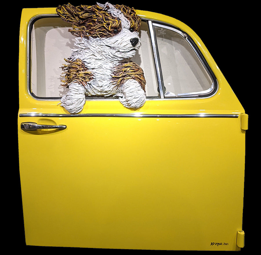 Sheepdog in a Yellow VW Door dd larue sculpture 
