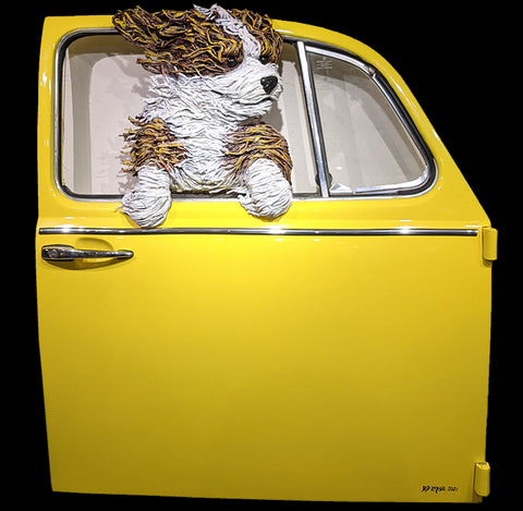 Sheepdog in a Yellow VW Door
