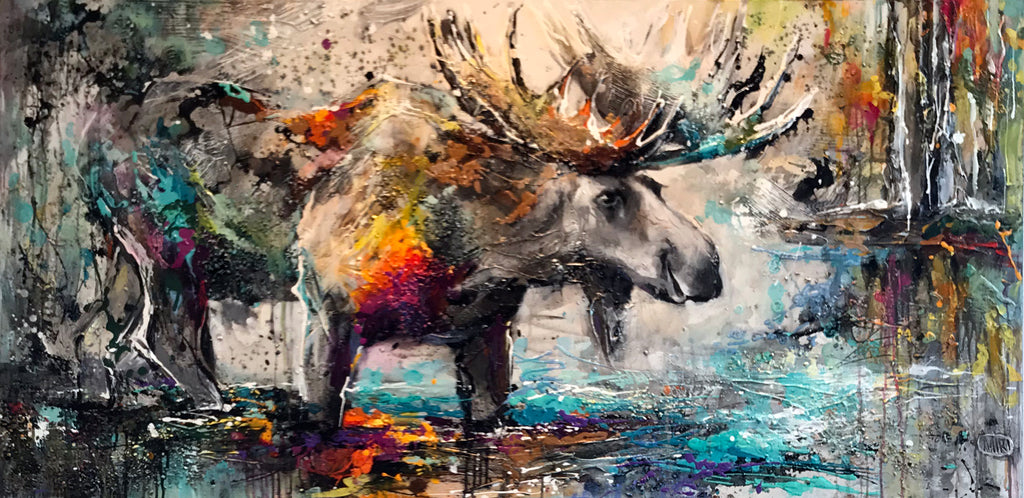 Staying on Track - Original Moose Painting by Artist Miri Rozenvain