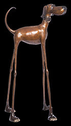 Stretch bronze dog sculpture by California artist Marty Goldstein