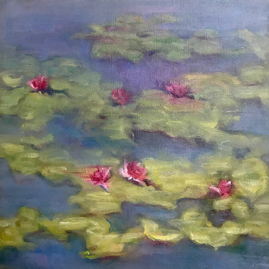 Sun Kissed original oil on canvas lilly painting in style of impressionist Claude Monet by Colorado artist Judy Greenan