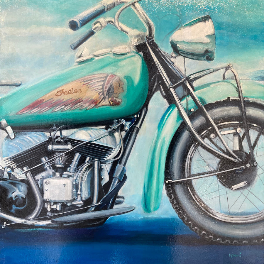 Teal Indian Motorcycle original painting by Noemi Kosmowski for sale at Raitman Art Galleries located in Breckenridge and Vail Colorado