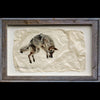 The pounce a coyote jumping into the snow gampi wildlife print by artist Pete Zaluzec on barnwood frame