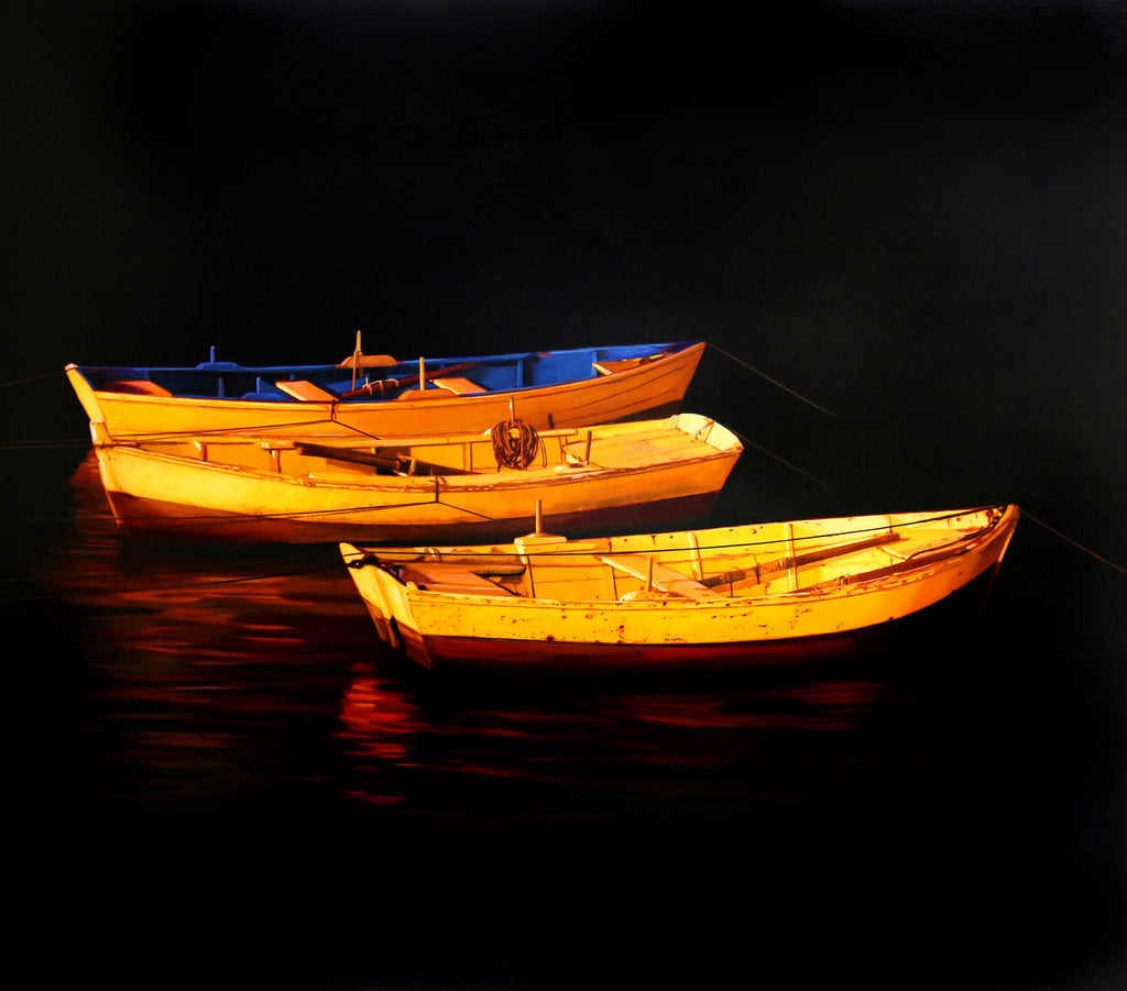 Trio original oil on canvas boat painting by Colorado artist Roger Hayden Johnson