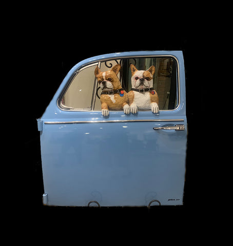 Two Frenchies in a Powder Blue VW Door