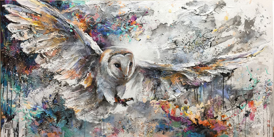 Vibrant Skies original owl painting by miri rozenvain for sale at Raitman Art Galleries