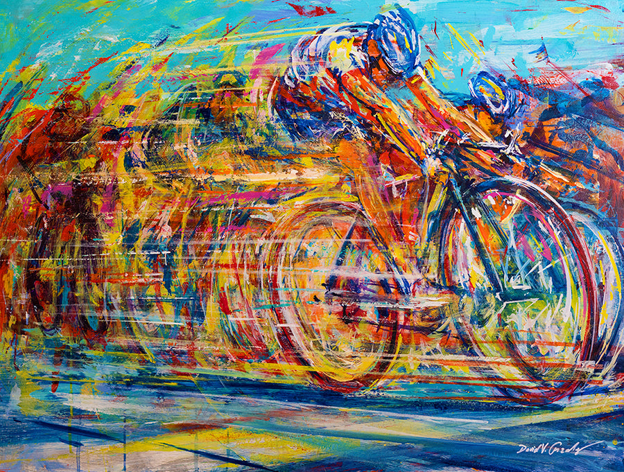 Winning Battle bike race painting by artist David Gonzales