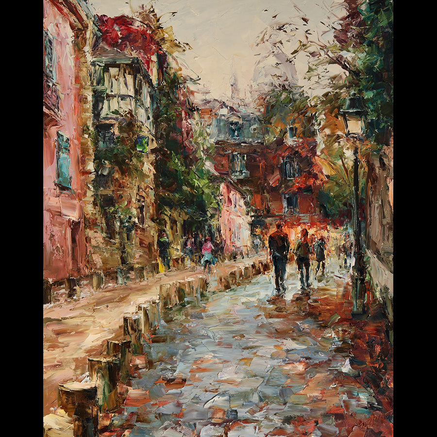 Walking-Up-Montmartre-Hill-Lyudmila-Agrich-oil-painting-cityscape-palette-knife-impressionist
