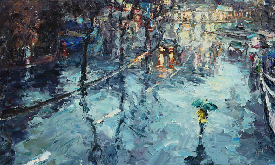 Walking In The Rain original cityscape painting by artist Lyudmila Agrich