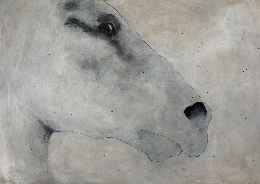 Lex-Lucius-White-Horse-ink-and-gesso-on-panel-Raitman-Art-Galleries
