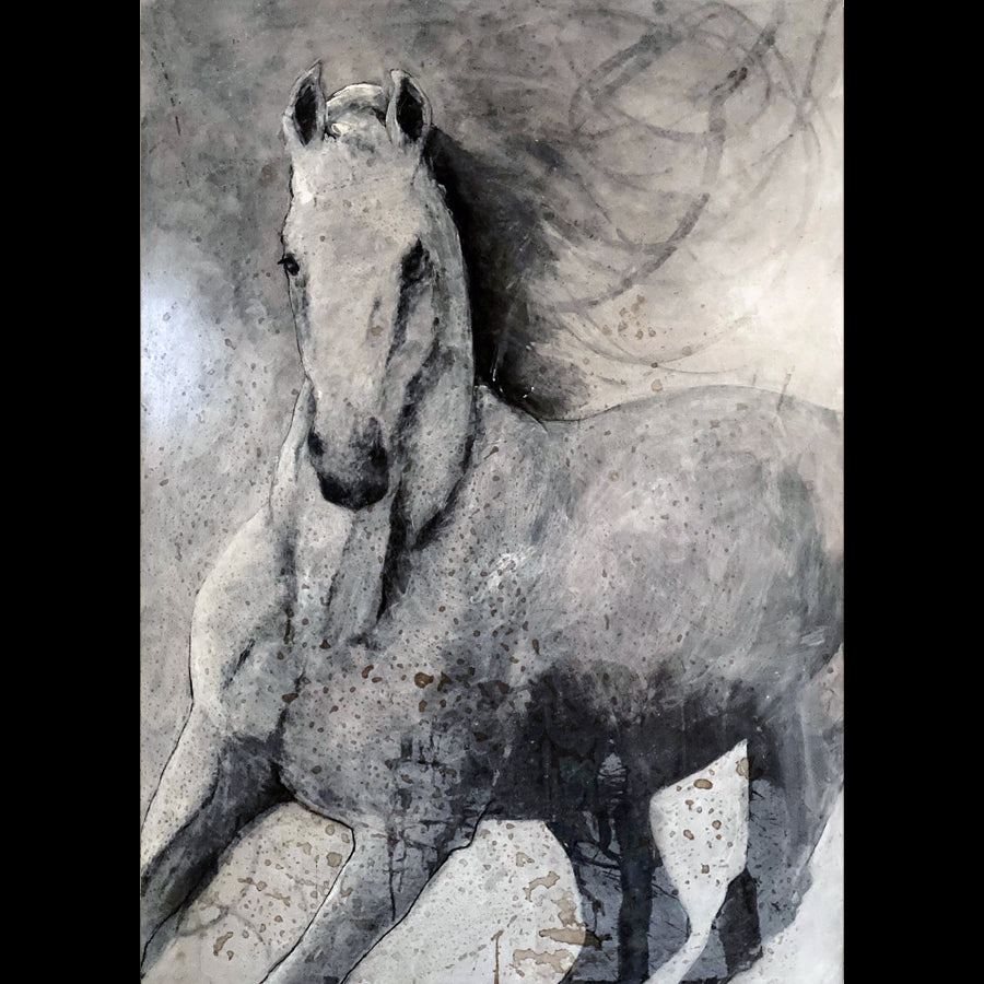 Lex-Lucius-White-Stallion-Running-original-art-horse-ink-on-panel-Raitman-Art-Galleries