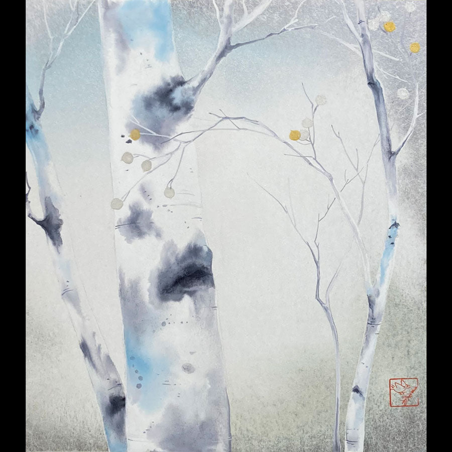 Winter White aspen tree snow painting watercolor on shikishi board artist Kay Stratman