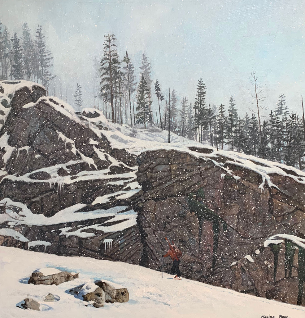 Winters Grind original oil on canvas ski landscape painting by Colorado artist Maxine Bone