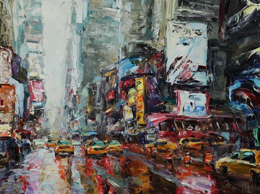 Yellow Cabs original oil on canvas painting by Denver Colorado artist Lyudmila Agrich