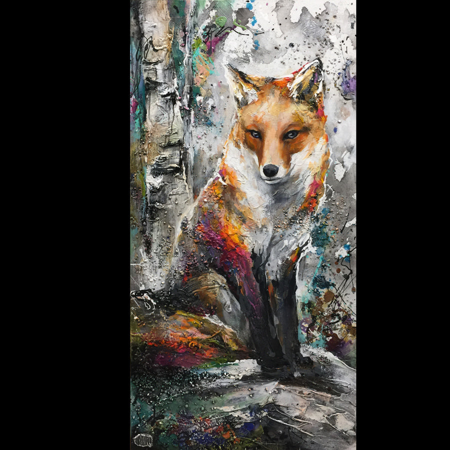 Clever Friend original fox painting by miri rozenvain for sale at Raitman Art Galleries located in Breckenridge and Vail, Colorado.