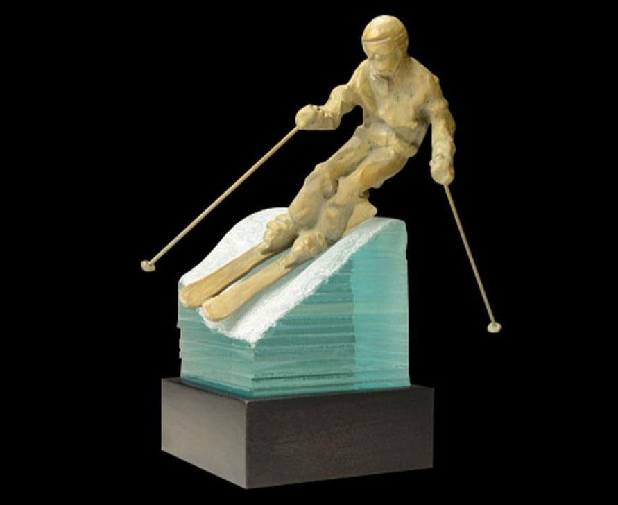 Fall Line bronze and glass ski sculpture by Colorado artist Clay Enoch