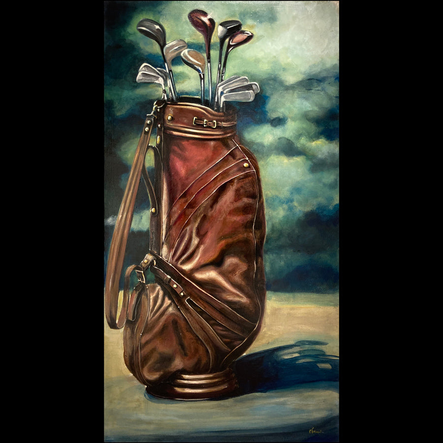 Golf Clubs original painting by Noemi Kosmowski for sale at Raitman Art Galleries located in Breckenridge and Vail Colorado