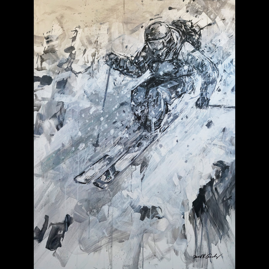 Hover black and white ski painting by artist David Gonzales in Vail art gallery
