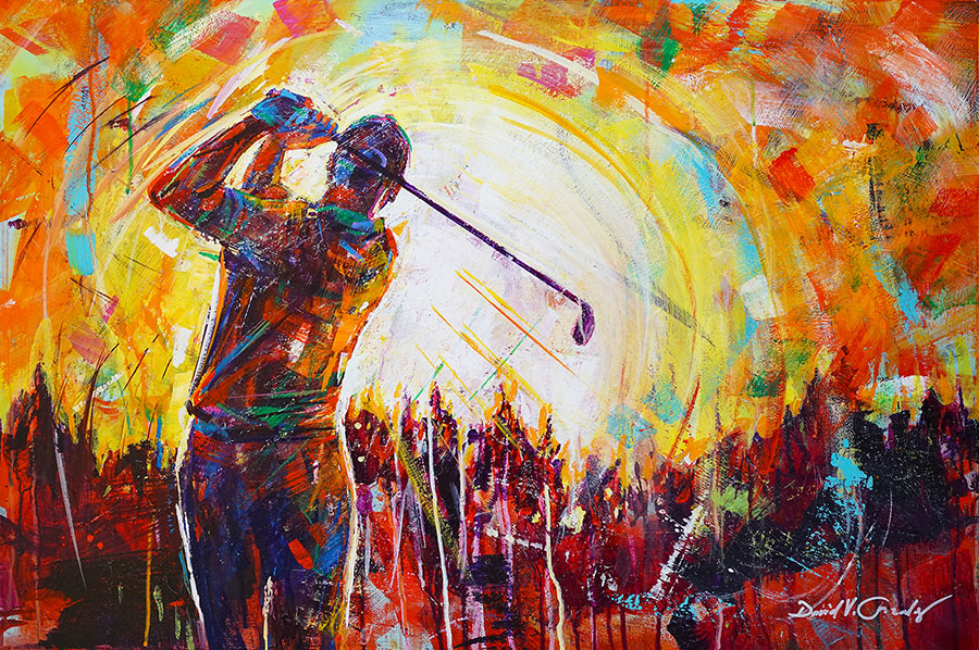 Launching into the Sunset original acrylic on panel golf painting by Colorado artist David Gonzales.