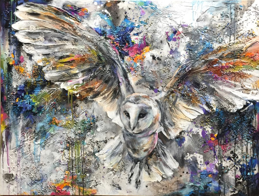 Majestic Skies owl painting by artist Miri Rozenvain
