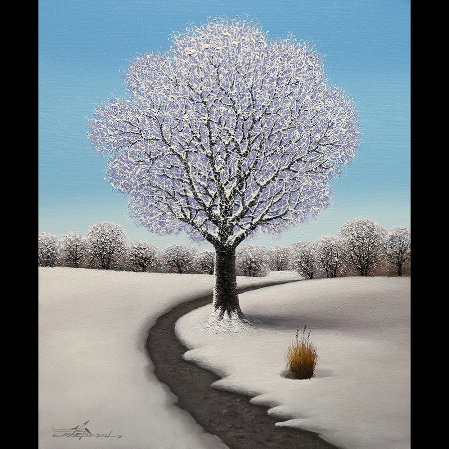artist Mario Jung white tree snowy landscape painting for sale