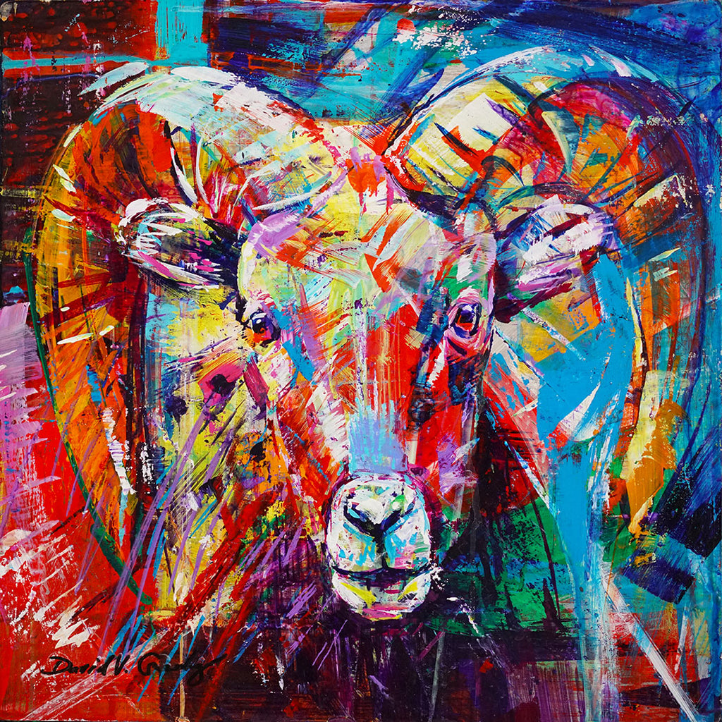 Mountain Chaperone original acrylic on panel bighorn sheep painting by Colorado artist David Gonzales 