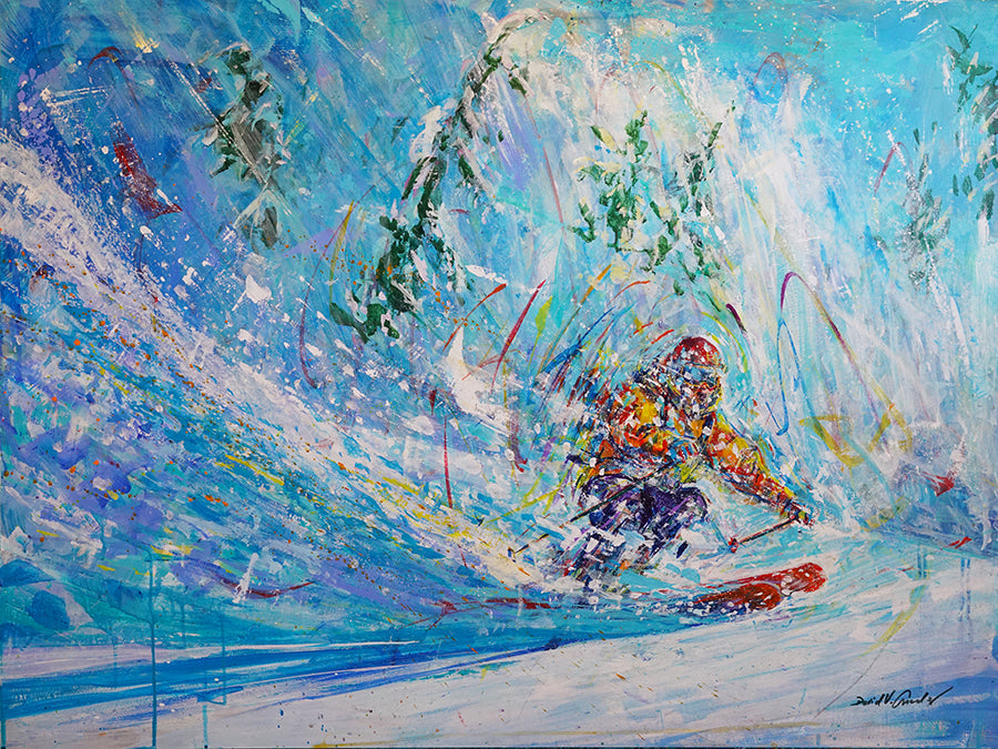 Narrow Escape Ski Painting by Colorado artist David V. Gonzales