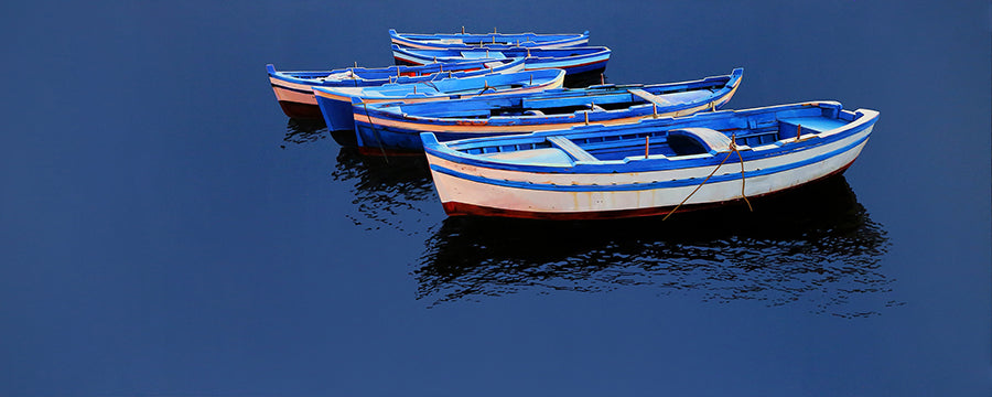 six blue skiffs roger hayden johnson contemporary oil painting
