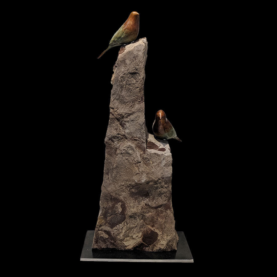 Songbirds Breck original bronze and sandstone sculpture by santa fe new mexico artist Gilberto Romero